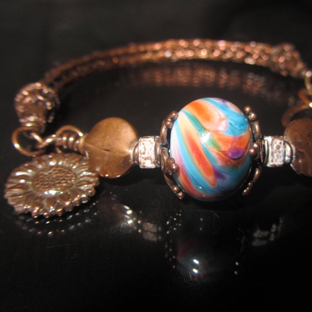 VIKING WEAVE BRACELET - Copper with Lampwork Bead - Sunflower Charm - Handmade